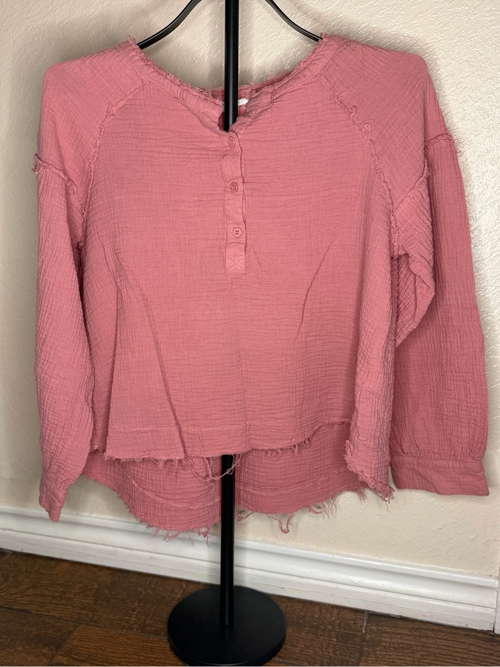 Relaxed Pink Button Henley Blouse